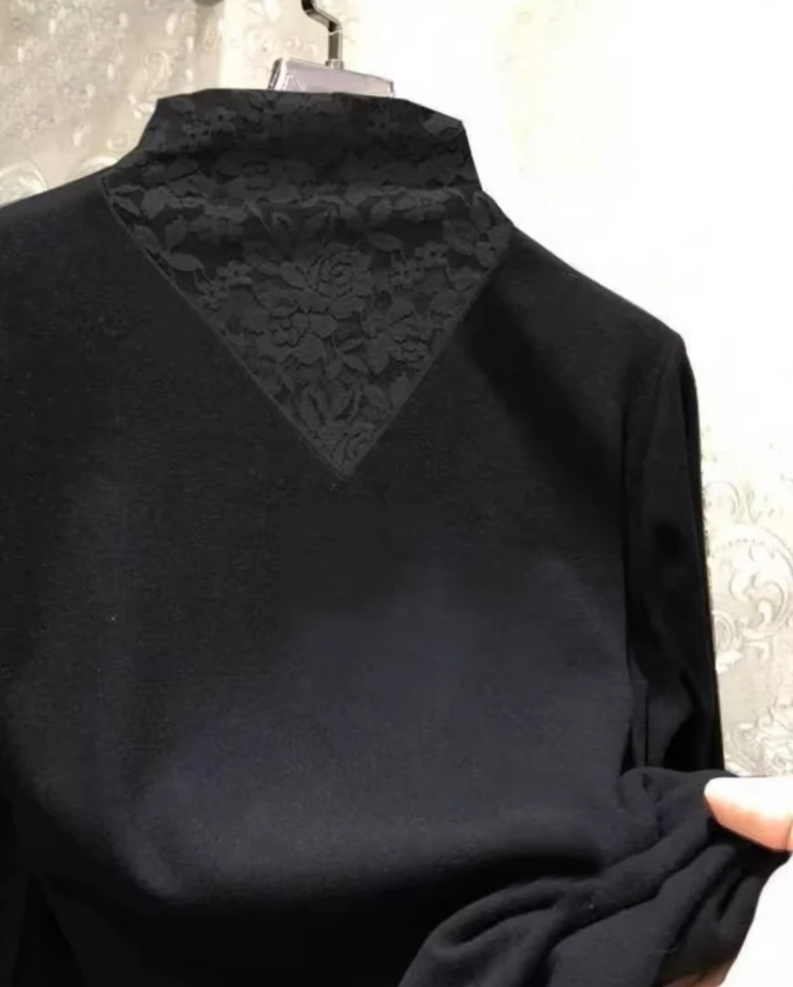 【M】-上衣蕾丝长袖时尚打底修身半高领卫衣-A15