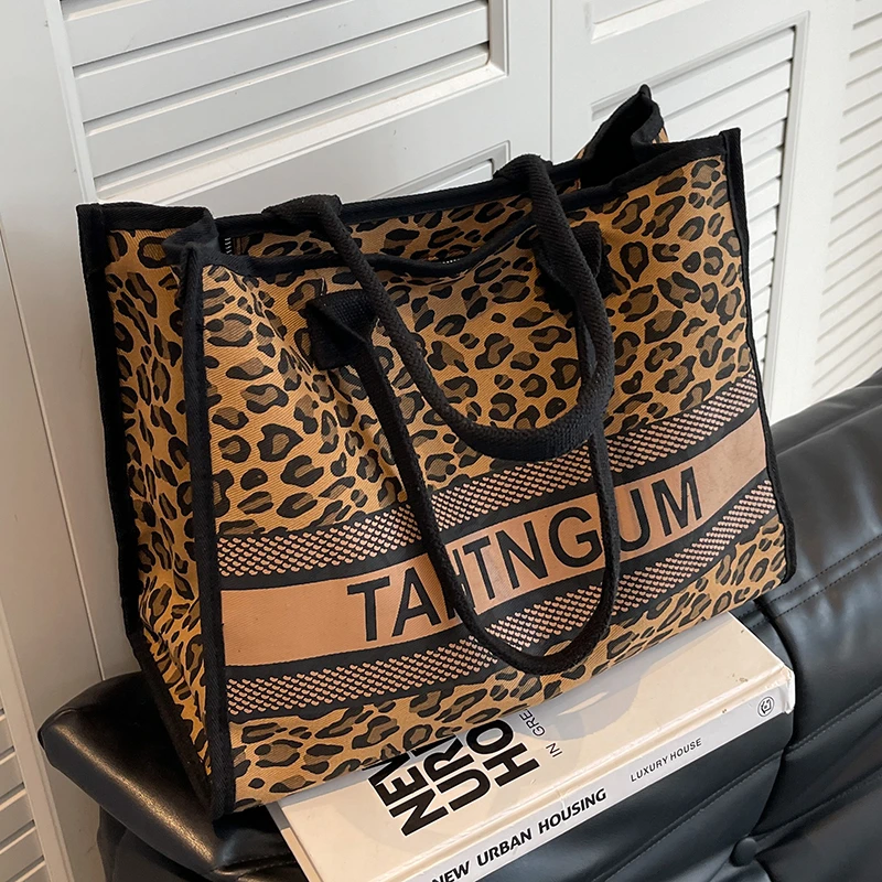 豹纹帆布包包女2025新款夏季时尚流行托特包休闲大容量通勤单肩包