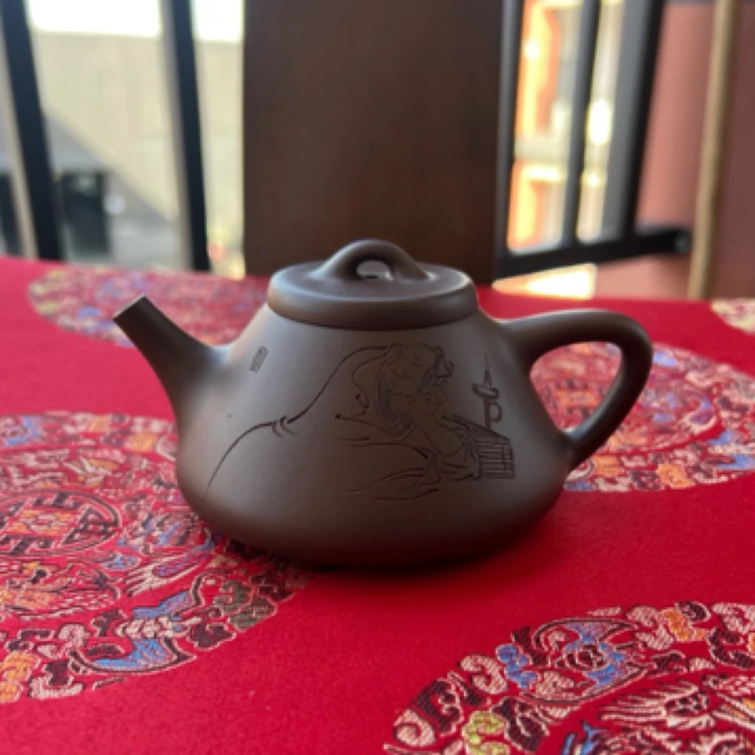 宜兴原矿革紫泥紫砂壶纯手工子冶石瓢精工大师级刻绘全手工精美