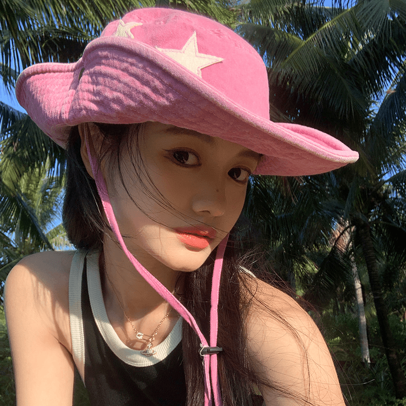 粉色西部牛仔帽子女春夏季辣妹复古户外露营大帽檐遮阳防晒登山帽