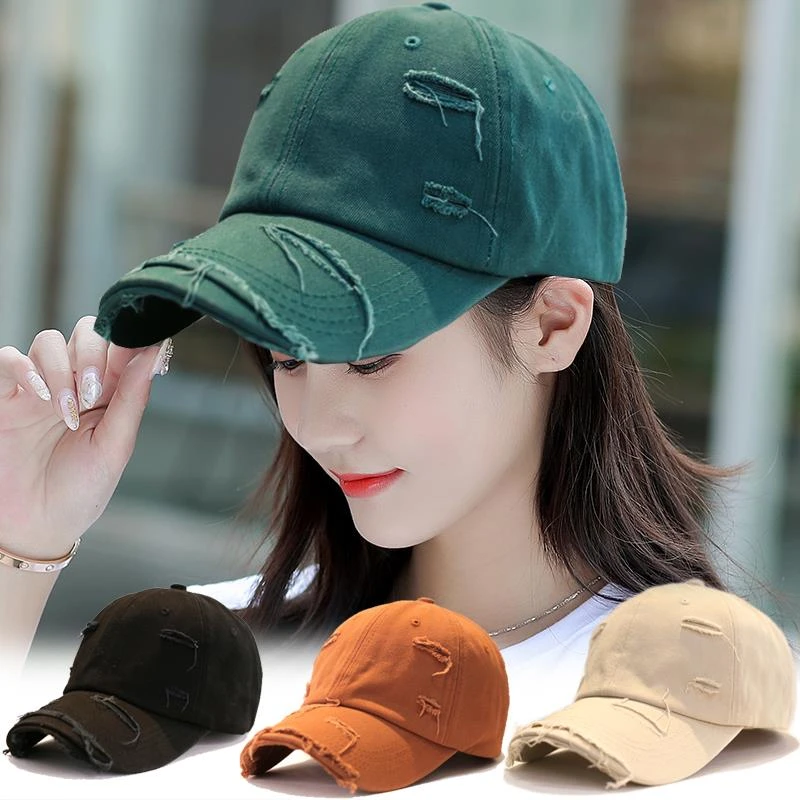 复古个性做旧破洞棒球帽男ins潮春嘻哈百搭绿色弯檐遮阳鸭舌帽女