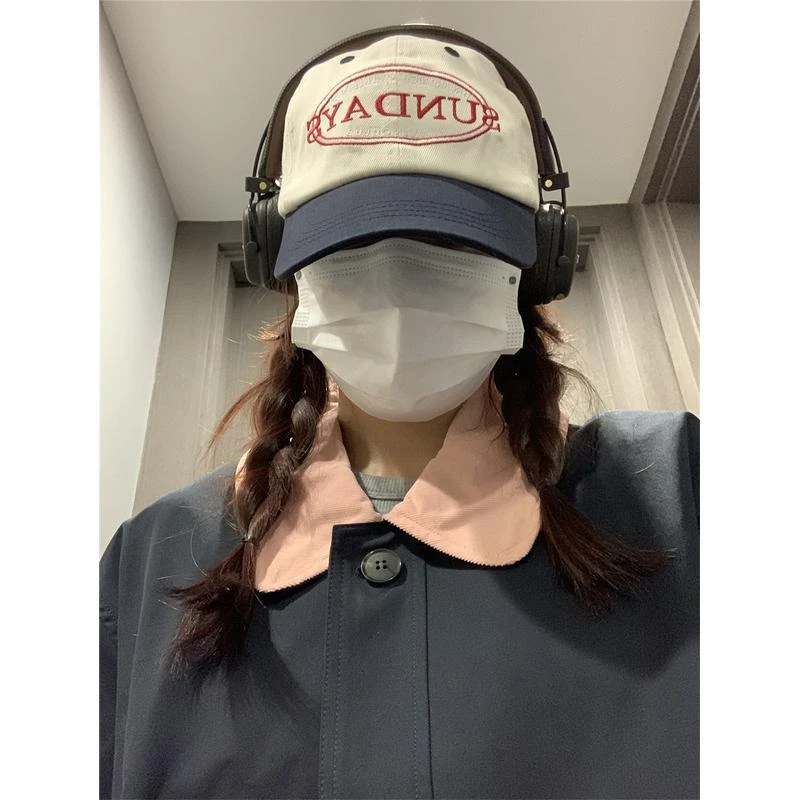 复古牛仔拼色鸭舌帽子女网红款时尚百搭大头围棒球帽ins潮显脸小