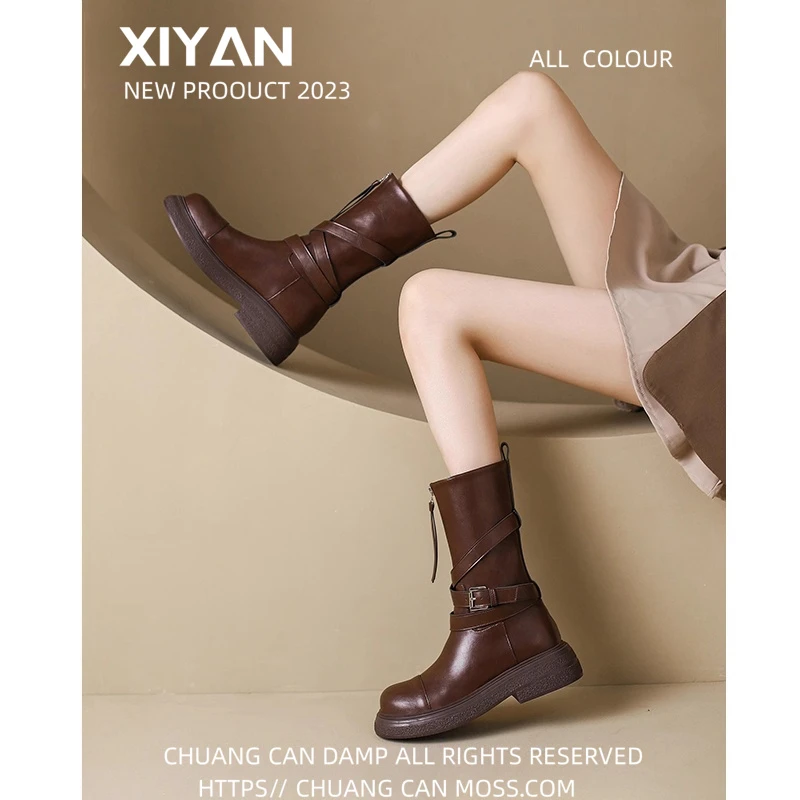 时尚百搭美拉德弹力靴子中筒棕色马丁靴女2023款加绒时装短筒短靴