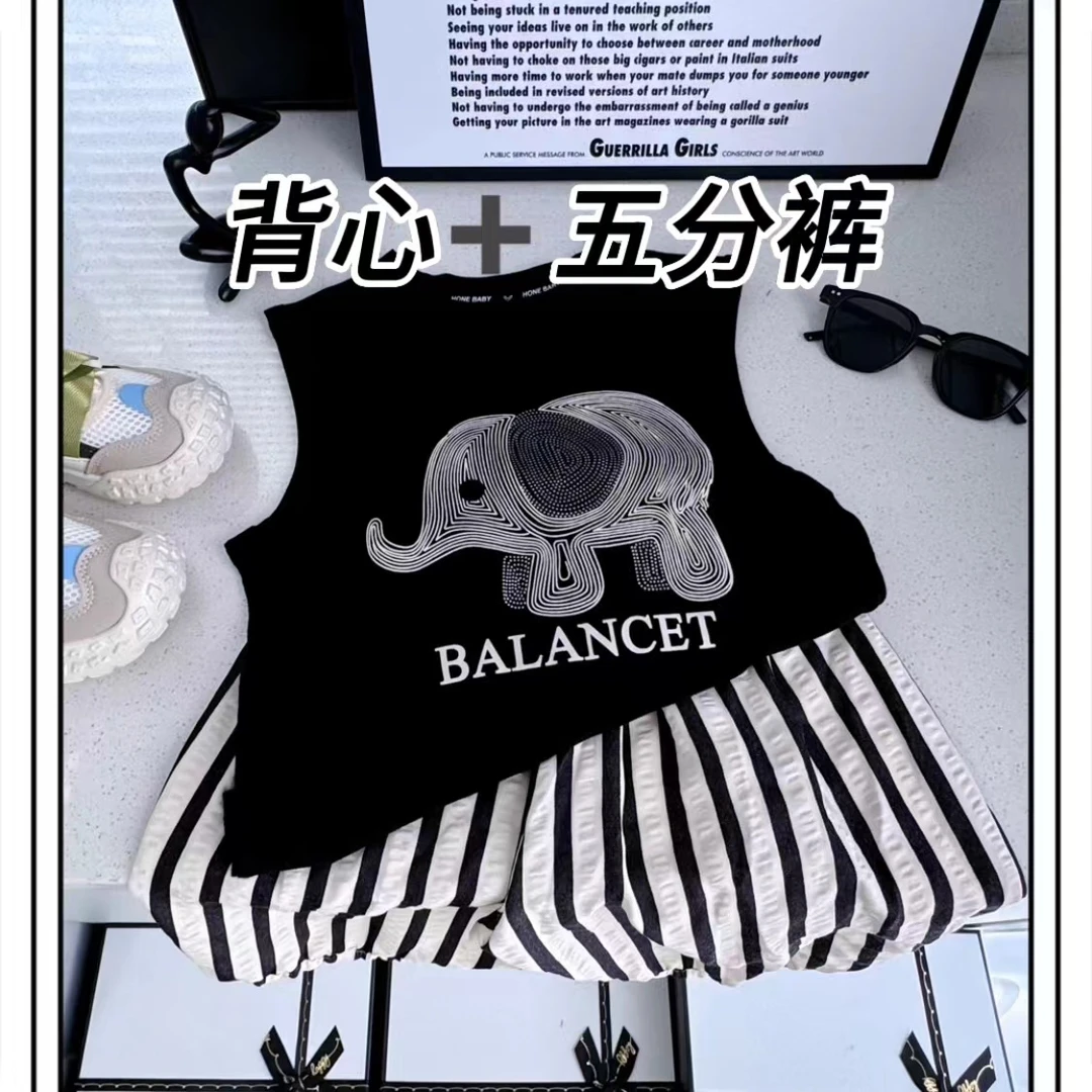 儿童背心套装韩版夏季新款无袖上衣宝宝条纹裤子时尚黑色背心