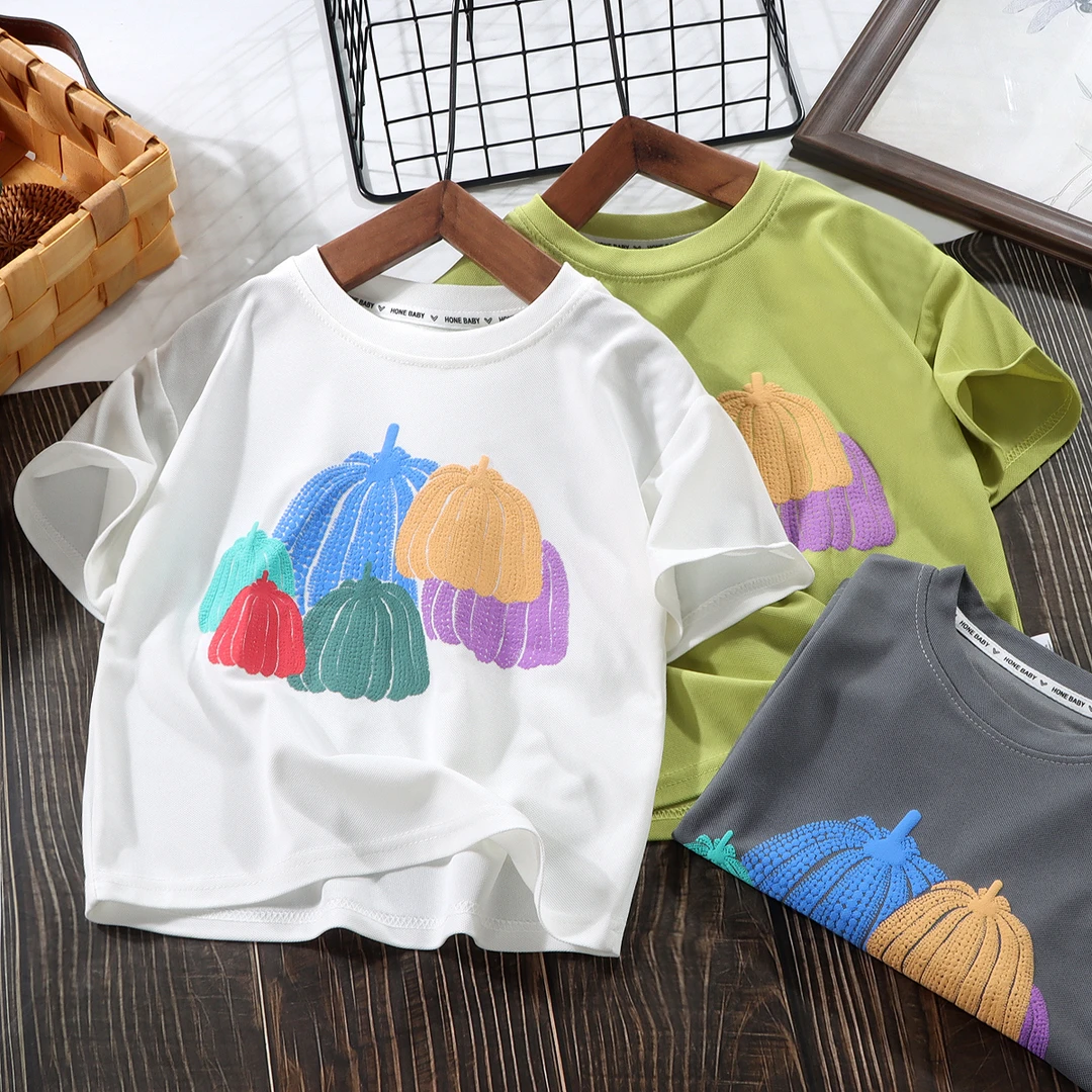 水晶珠地透气网眼T恤儿童短袖韩范男女童南瓜T恤中大童休闲上衣