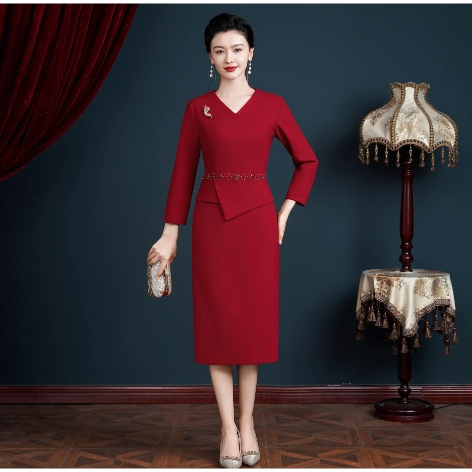 5560 V领连衣裙改良旗袍秋装礼服喜婆婆婚宴装收腰漂亮裙子