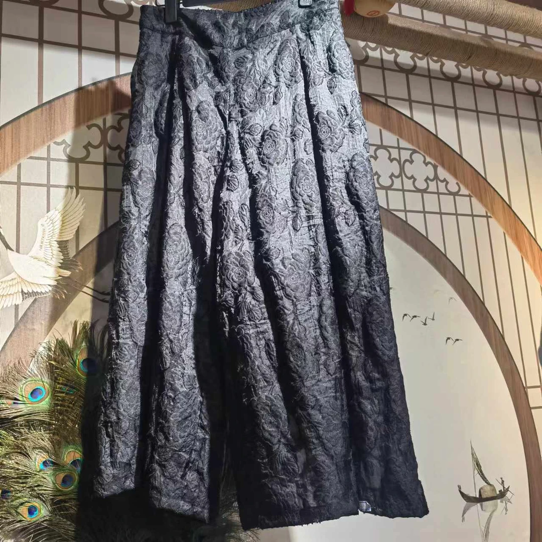 凤徕兮私人定制黑色暗纹提花阔腿裤