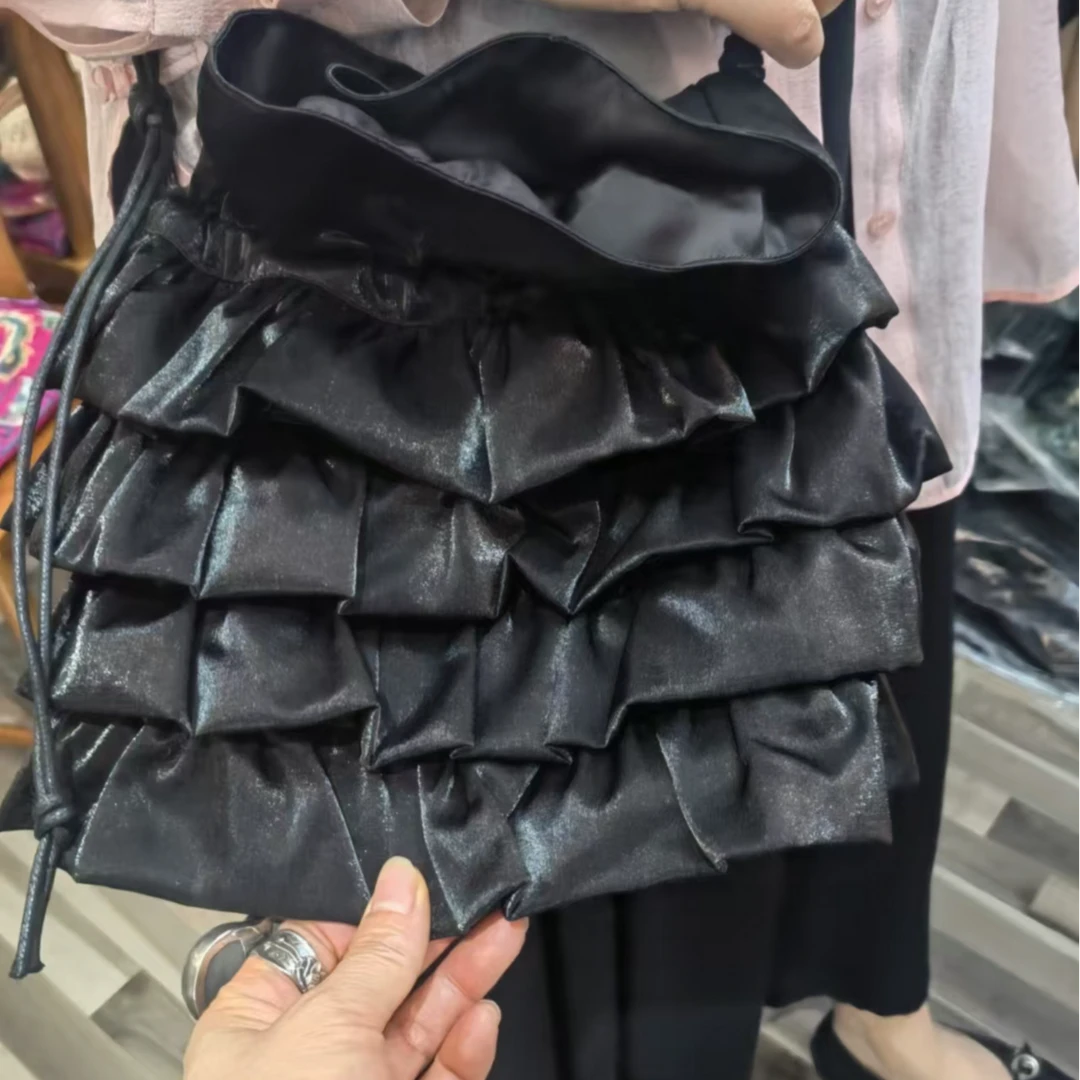 凤徕兮私人定制黑色花边缎面抽绳包