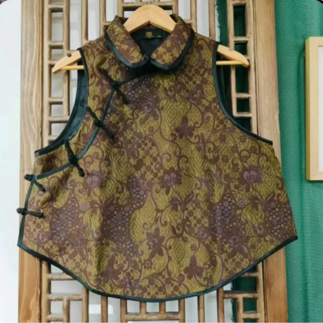 凤徕兮私人定制咖金色暗纹花盆领盘扣马甲