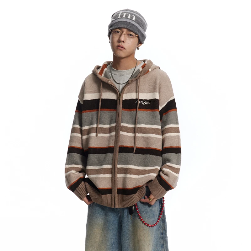 CoosRetro美式复古刺绣条纹毛衣开衫男女秋冬连帽休闲外套CS43K66