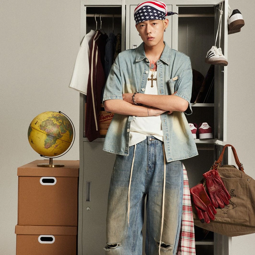 CoosRetro美式复古做旧男士短袖衬衫夏季休闲宽松百搭外套CS42J88