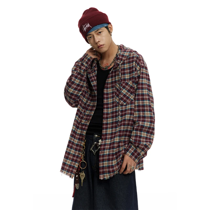 CoosRetro美式复古毛边连帽格子衬衫潮流百搭宽松男外套CS43J55