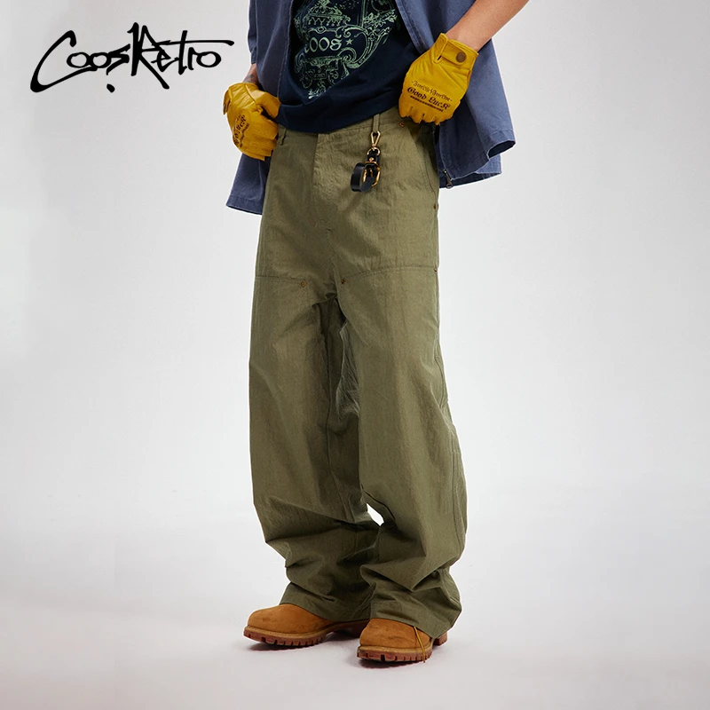 CoosRetro美式复古分割铆钉休闲长裤纯色宽松直筒工装裤 cs42j105