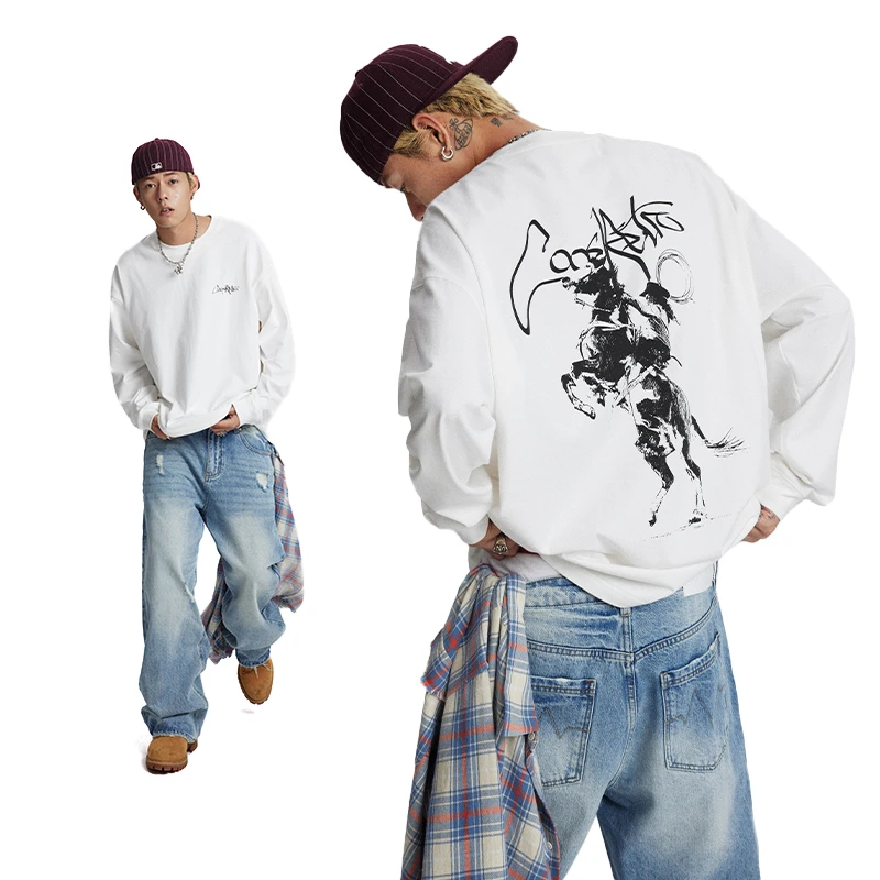 CoosRetro美式复古印花宽松长袖T恤基础logo国潮宽松情侣CS43J25