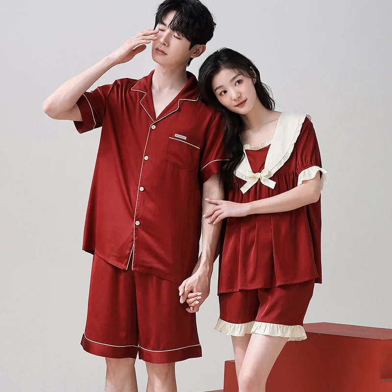 情侣睡衣女春秋季冰丝长袖家居服夏季一男一女薄款红色本命年套装