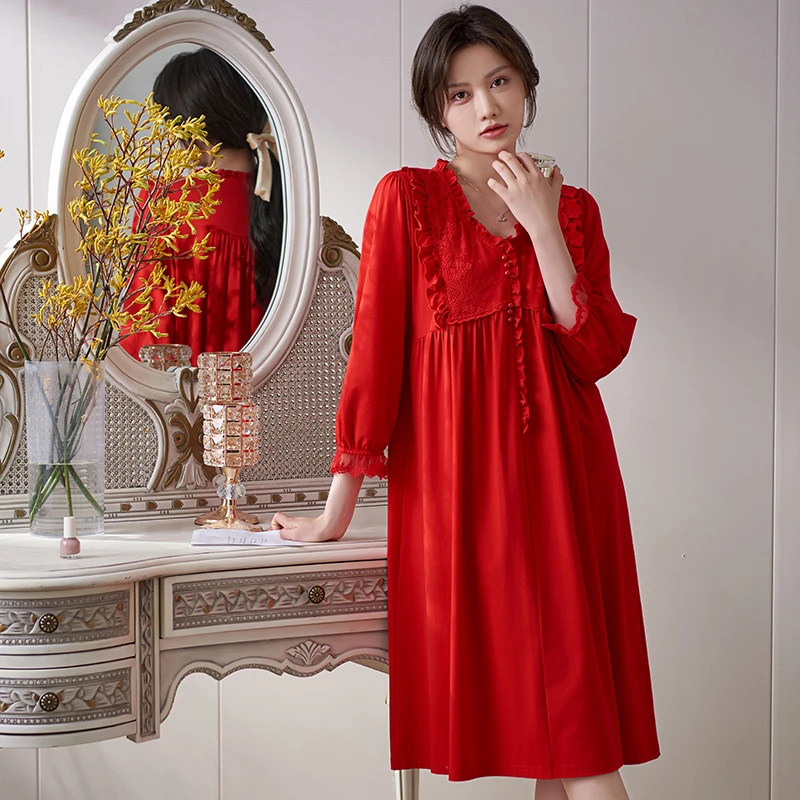 红色睡裙女士春秋季春款棉质长袖睡衣中长裙大码本命年家居服