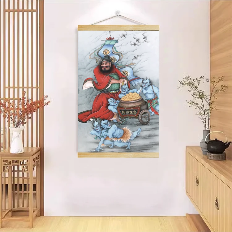 天师钟馗关公财神爷九尾狐五贵运财济公实木挂画防水清晰新中式