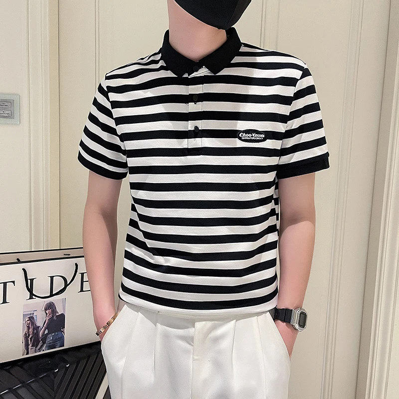 2024新款男士T恤短袖条纹polo衫男半袖休闲韩版潮流青春百搭男T恤
