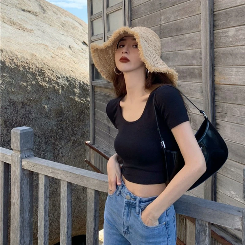 夏天辣妹白色短款T恤女短袖紧身设计感小众正肩显瘦高腰露脐上衣