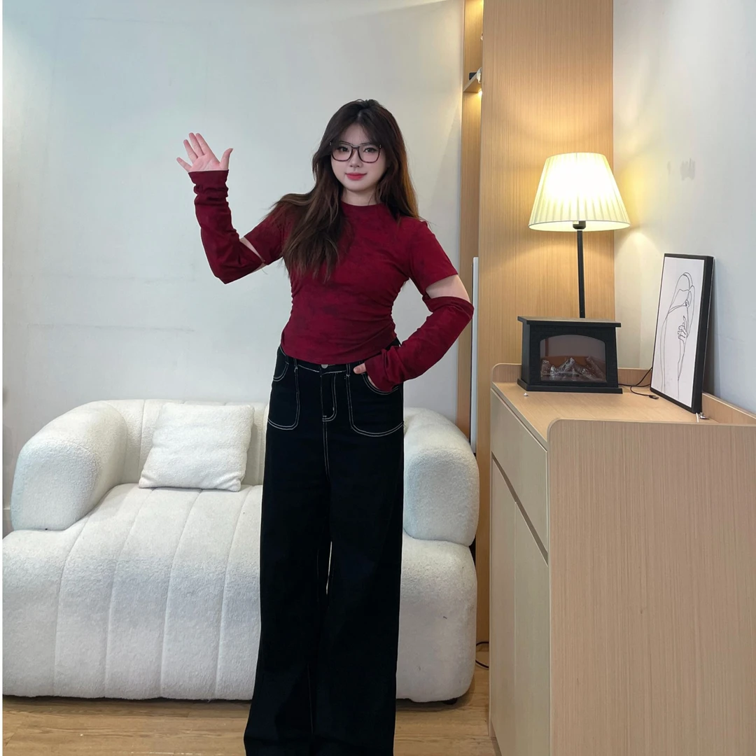 微胖mm美式复古扎染拼接长袖T恤女显瘦修身长袖上衣女