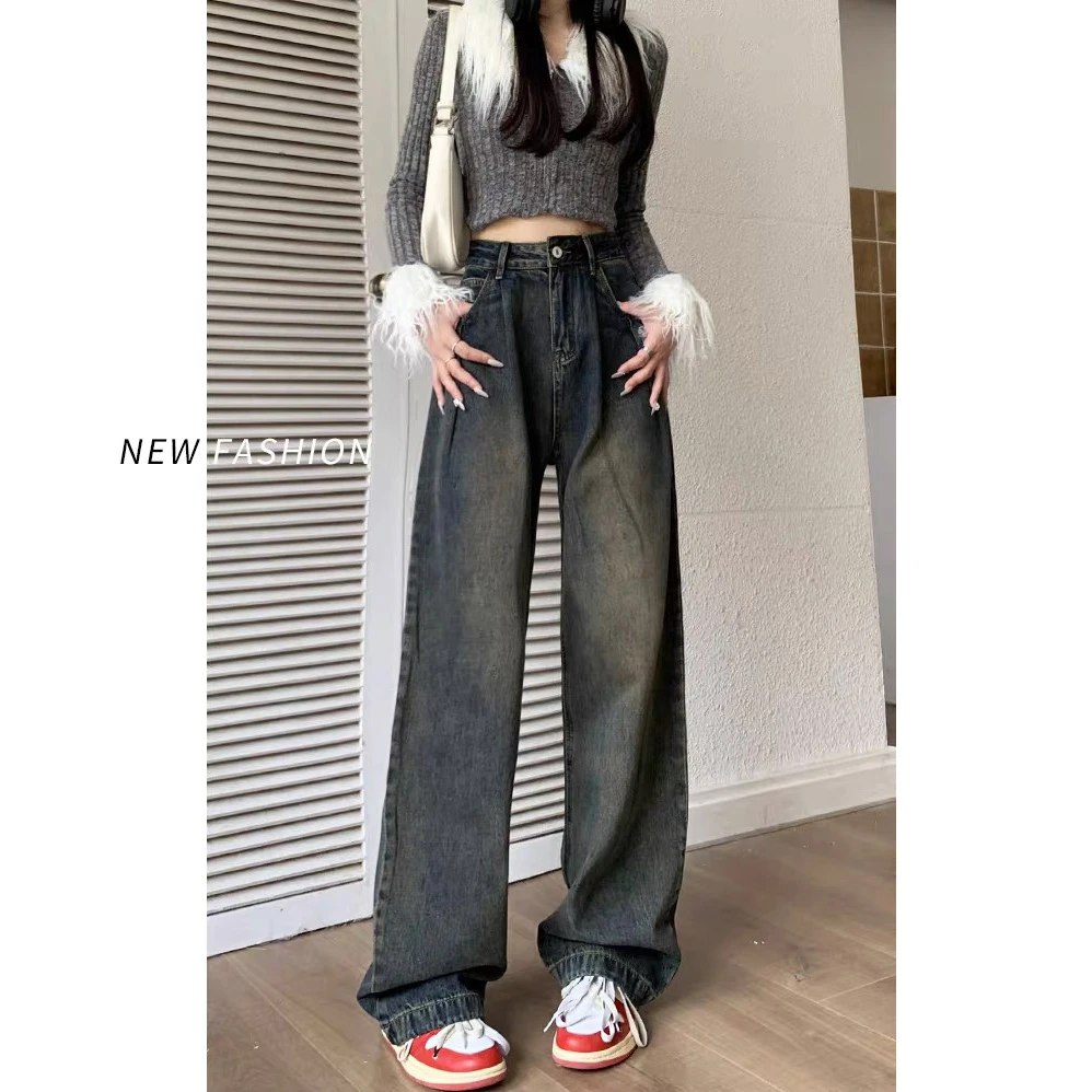 大码牛仔裤女秋季复古水泥灰美式高腰宽松显瘦百搭垂感直筒阔腿裤