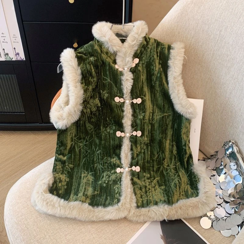 新中式旗袍绿色马甲国风复古加绒加厚外套无袖新中式过年小袄冬款