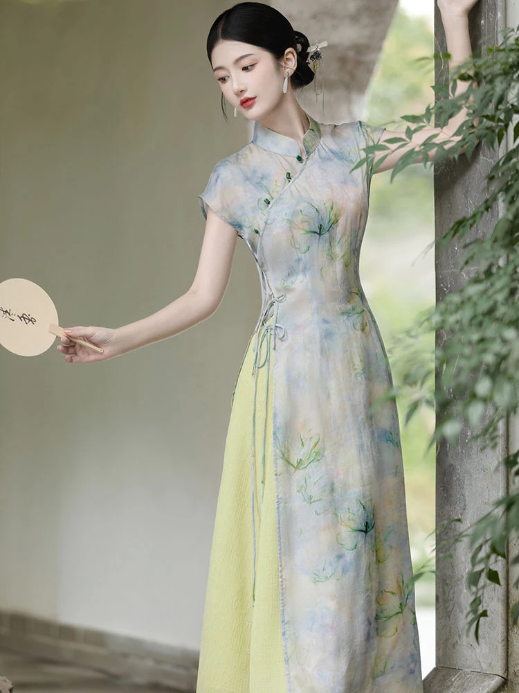 旗袍女新中式改良年轻款清冷感禅意外搭罩衫水墨连衣裙搭半身裙夏