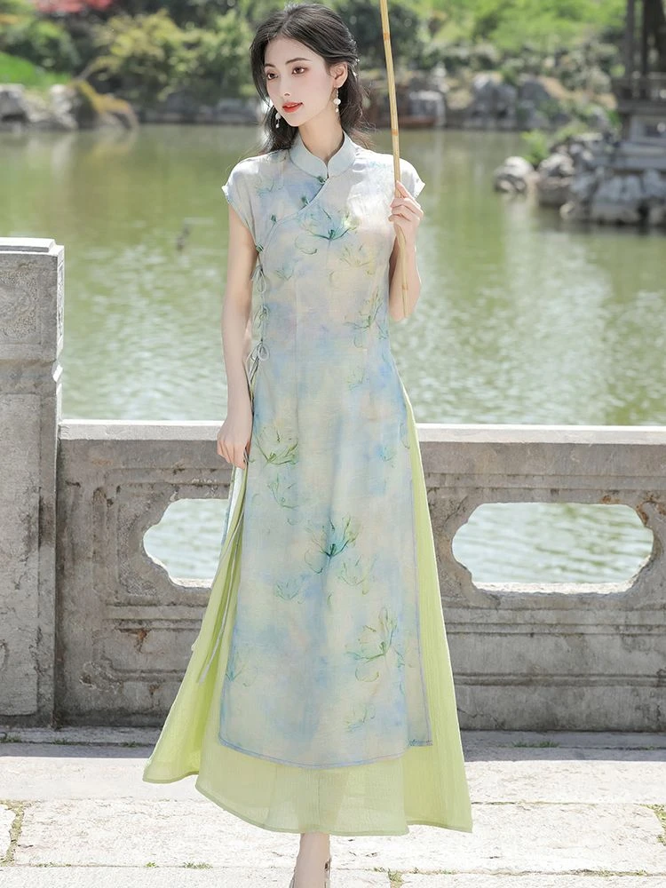 新中式改良旗袍女装夏季国风修身元素古风连衣裙禅意茶服套装裙子