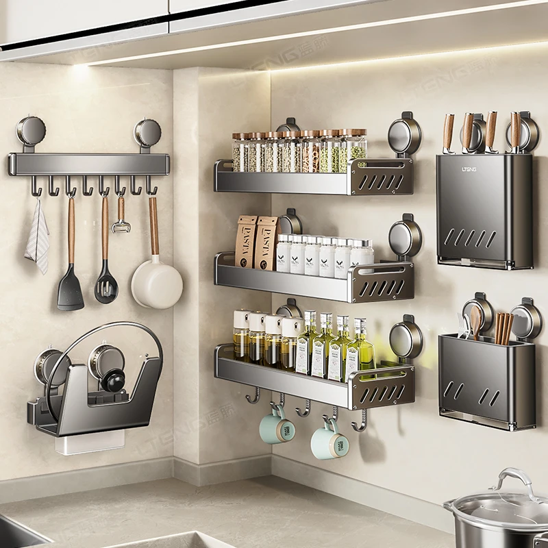 强力吸盘沥水置物架套件免打孔调味料壁挂式刀架家用多功能收纳架