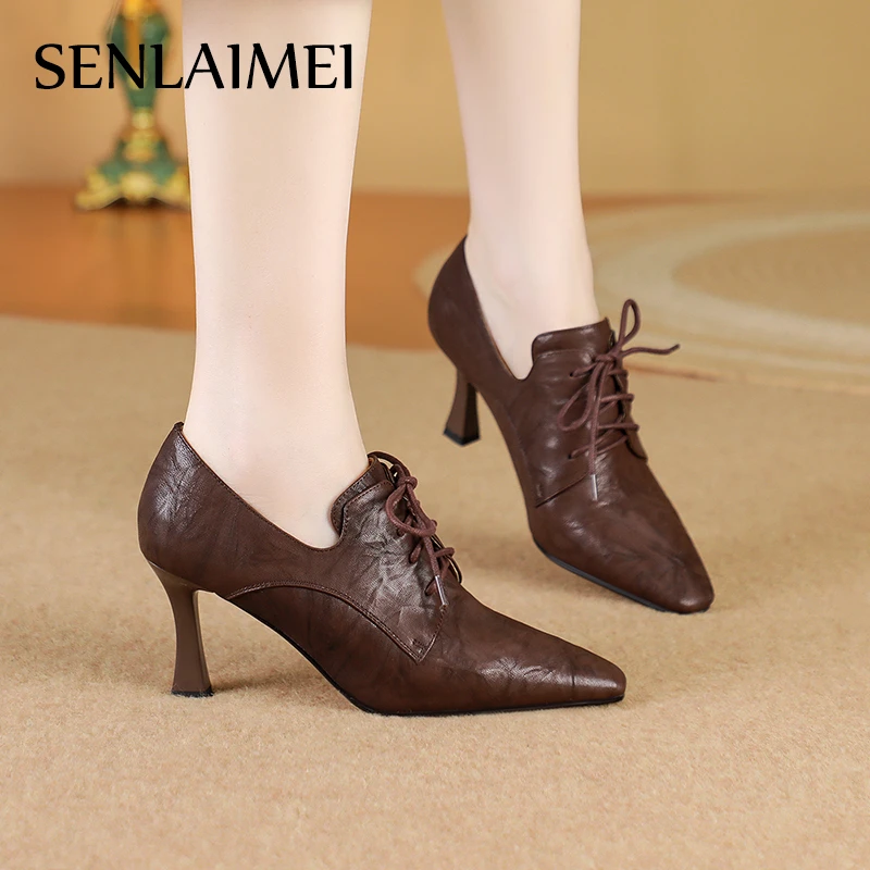 SLM森莱美羊皮7cm/33-40/8782秋冬新款深口时尚百搭系带女单鞋