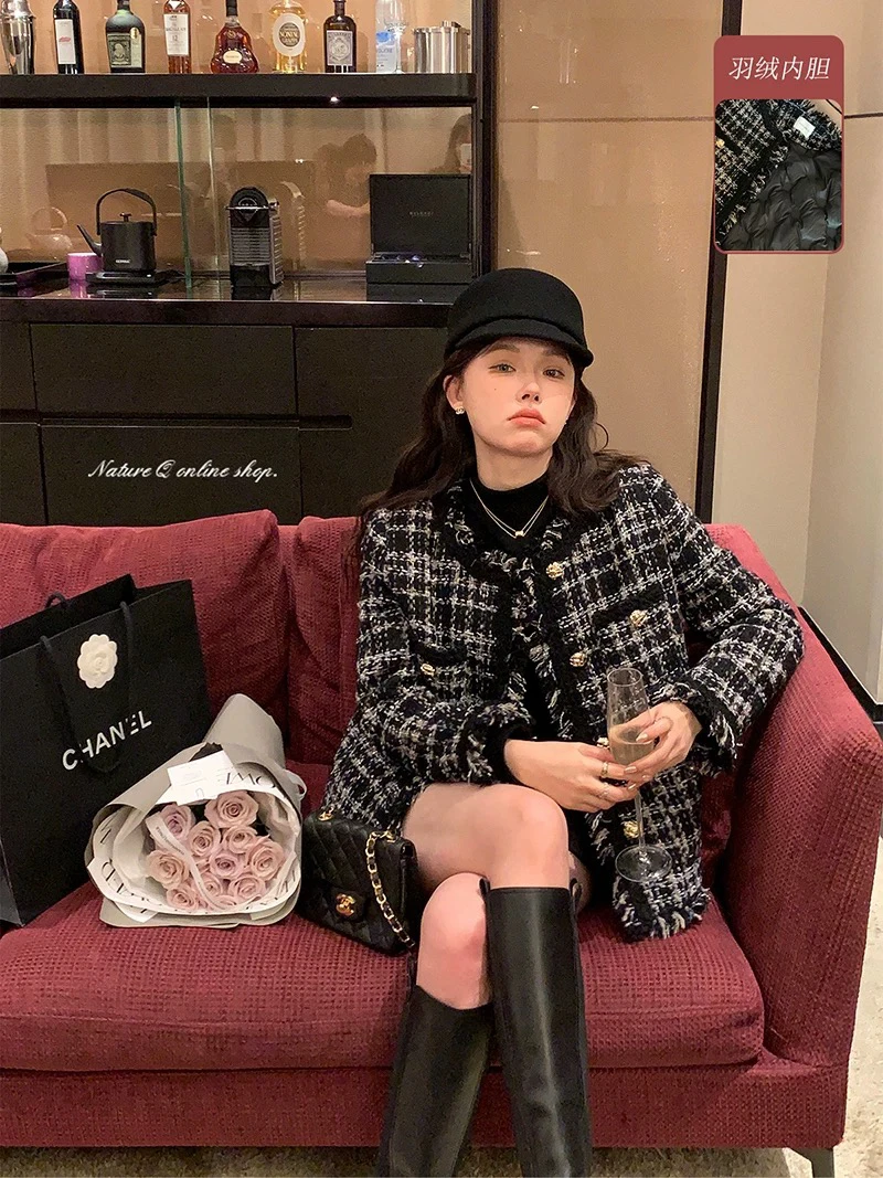 〔富家千金〕小香风冬季羽绒内胆流苏粗花呢羽绒服