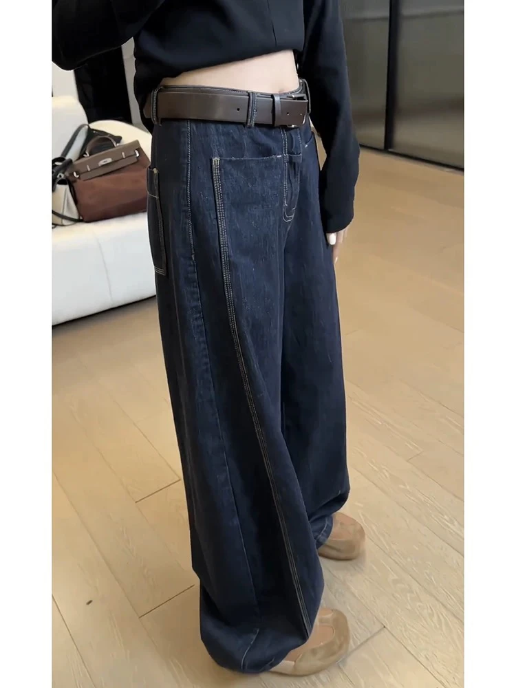 〔深蓝雪花牛仔～〕韩系水洗牛仔立体裁剪显瘦直筒阔腿裤