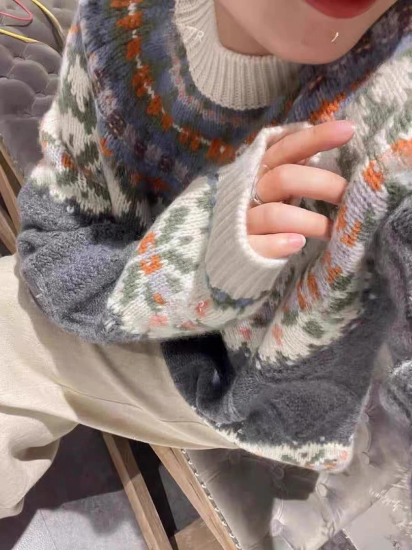 〔莫奈花园〕重磅费尔岛菱格提花羊绒加厚针织上衣