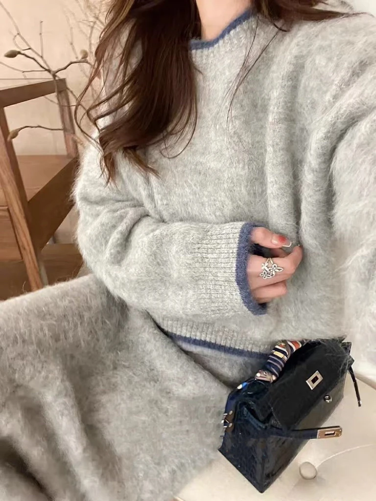 〔2.0领口撞色羊驼〕欧站进口秘鲁羊驼撞色边套头圆领针织衫