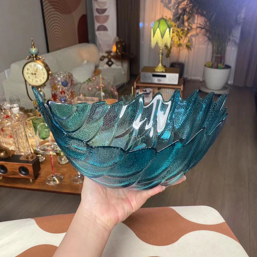 出口创意彩虹羽毛玻璃沙拉碗蓝色大号异形水果碗甜品碗家用