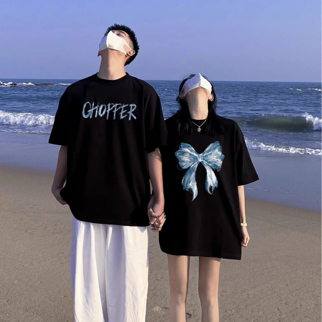 情侣装夏装季220g纯棉短袖新款潮牌夏天特别的t恤蓝色蝴蝶结