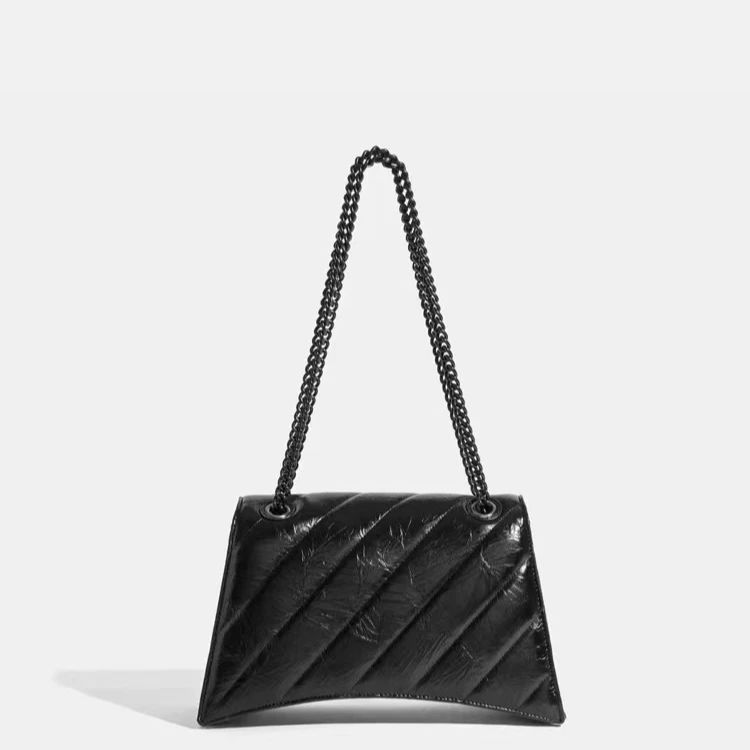 新款褶皱沙漏包高级感单肩斜挎女包菱格休闲链条包 黑31*10*20