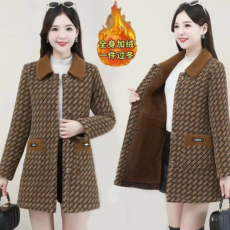 秋冬时尚女士穿搭妈妈装百搭毛呢外套加绒加厚气质中长款外套