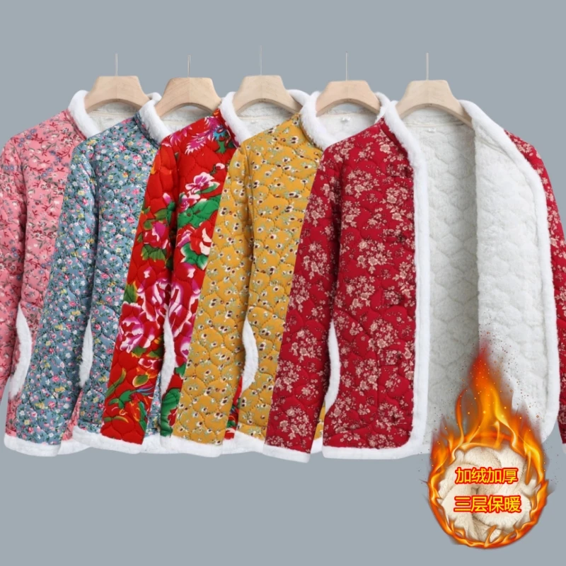 中年妈妈新款秋冬装棉衣小个子加绒加厚短款女大码东北大花棉袄