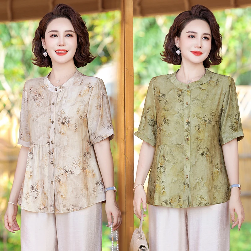 中年妈妈夏装洋气小衫2024新款短袖宽松上衣服遮肚中老年女装t恤
