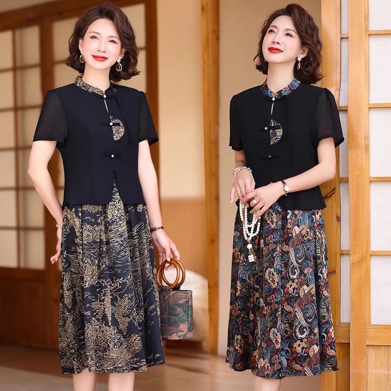 高端国风假两件连衣裙女2024夏季收腰妈妈洋气减龄新中式短袖裙子