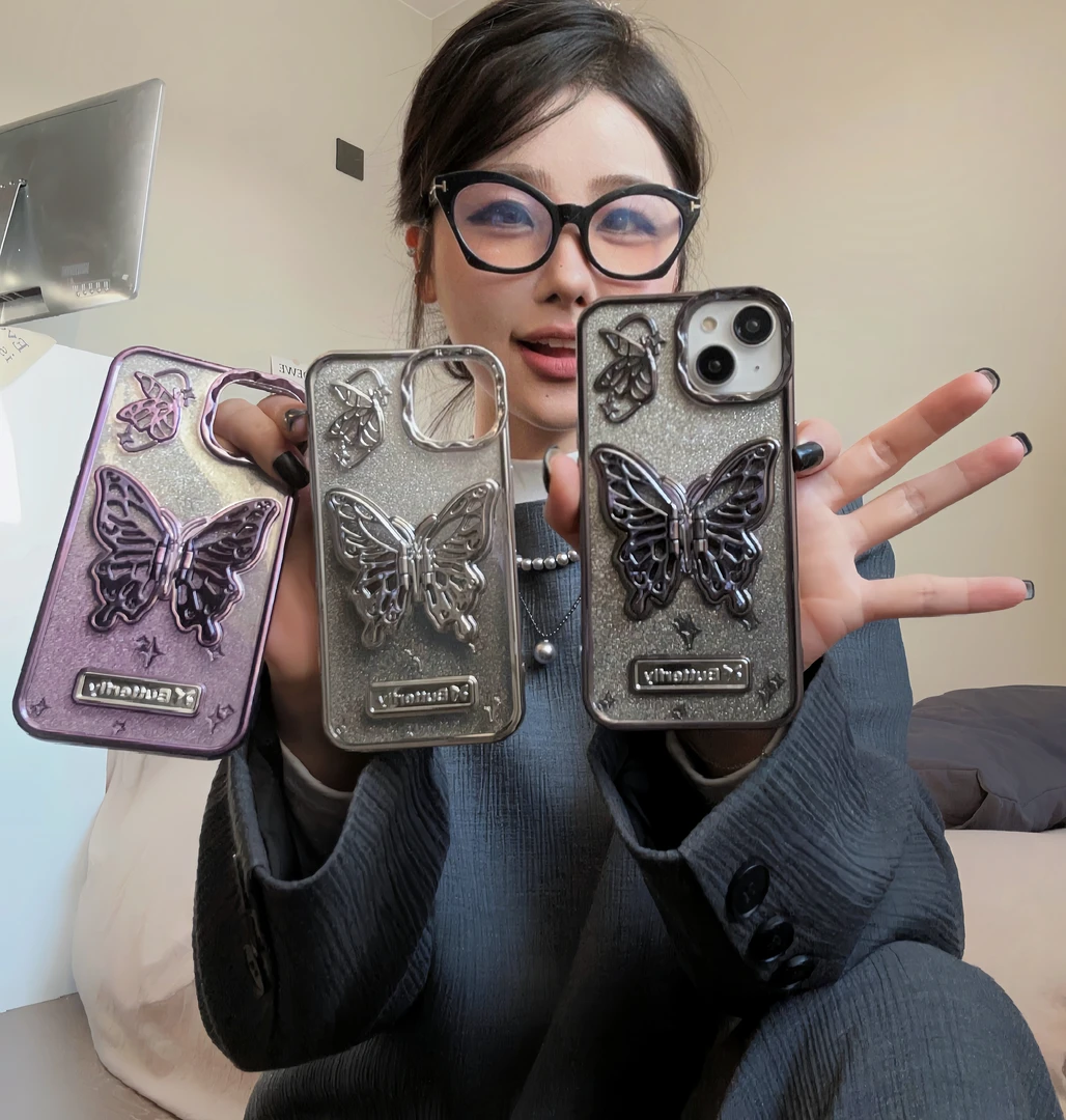 适用苹果15promax手机壳14闪粉14pm镂空iPhone13软硅胶12立体蝴蝶