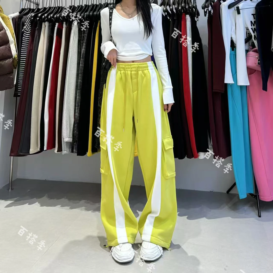 秋冬新款宝宝绒撞色拼接高级感条纹阔腿设计感拖地运动裤工装裤