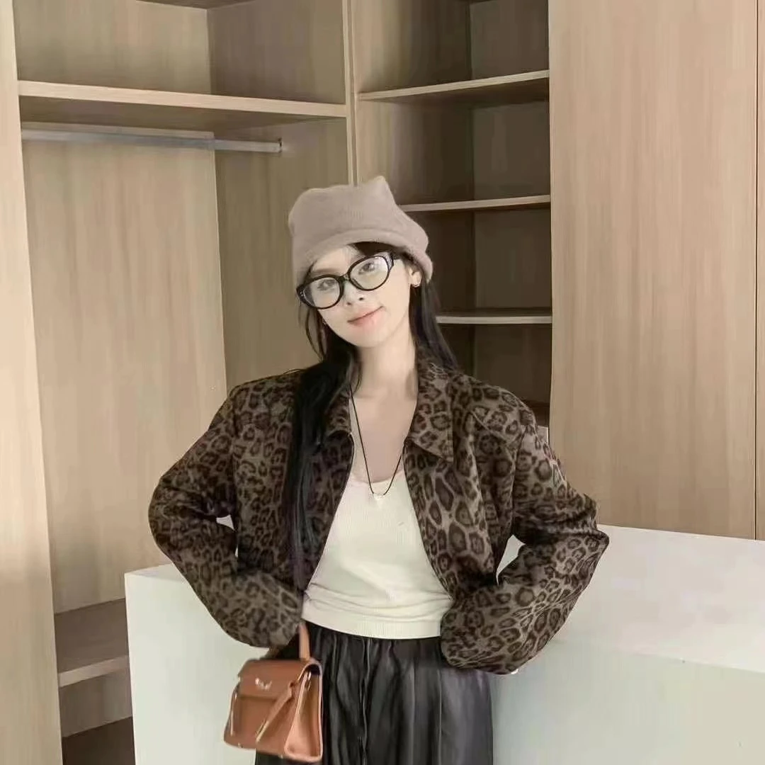 （双双家）十三行新款百搭洋气翻领豹纹外套