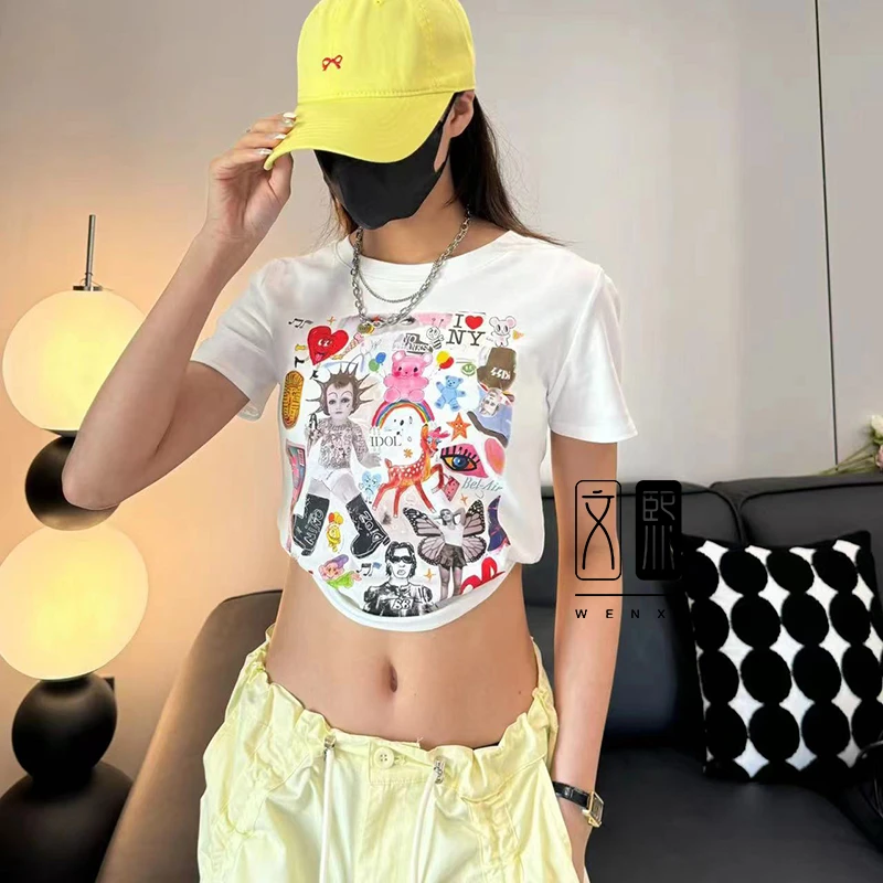 夏季新款正肩小版T恤女洋气印花弹力修身趣味辣妹个性上衣女时尚