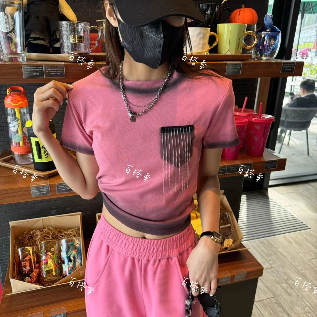 工厂店-早春新款拼色圆领流苏假口袋套头T恤短袖女减龄潮流小众