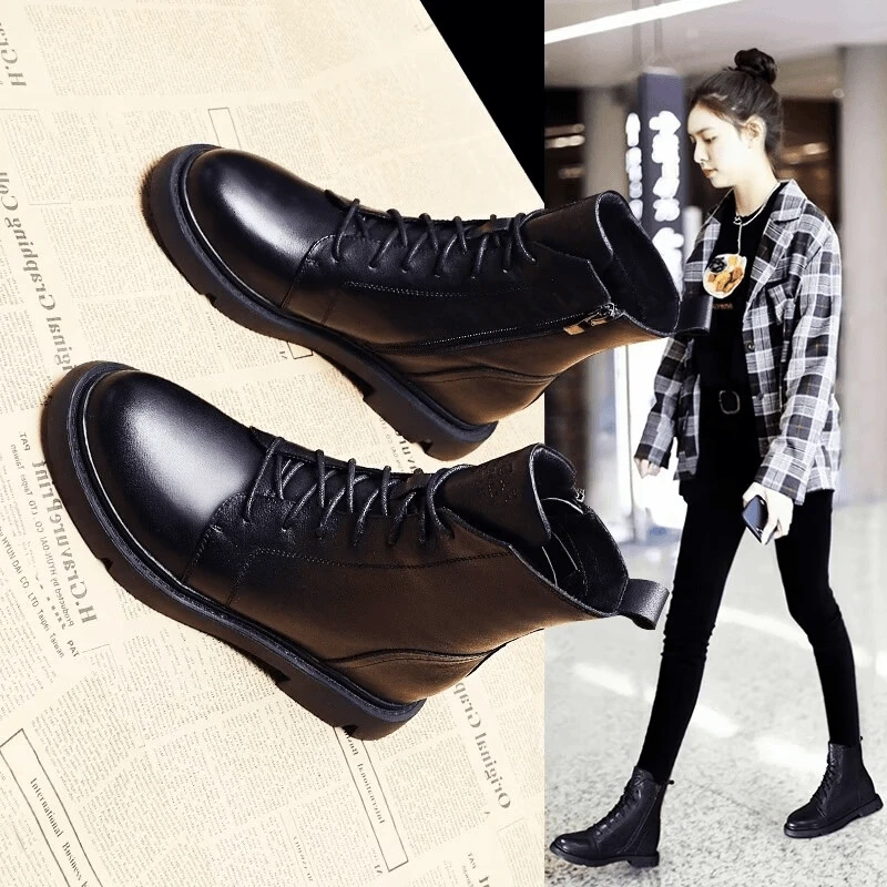 2【断码甩】软皮马丁靴女2024秋冬季新款英伦风百搭加绒厚底短靴子