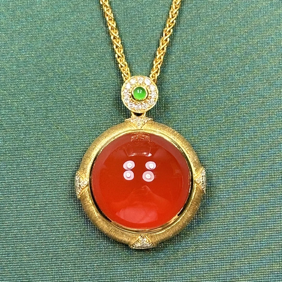 天然原矿冰红精美圆蛋吊坠18k真金真钻镶嵌宝石红高冰锁骨链