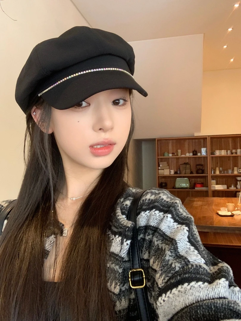 假发帽子一体式2025秋冬爆款亮钻八角贝雷帽氛围感长直发仿真头套