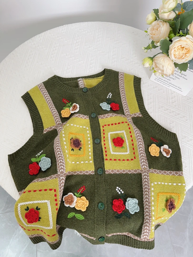 可衣-【繁华似锦】森系新款撞色格子重工立体花朵针织马甲